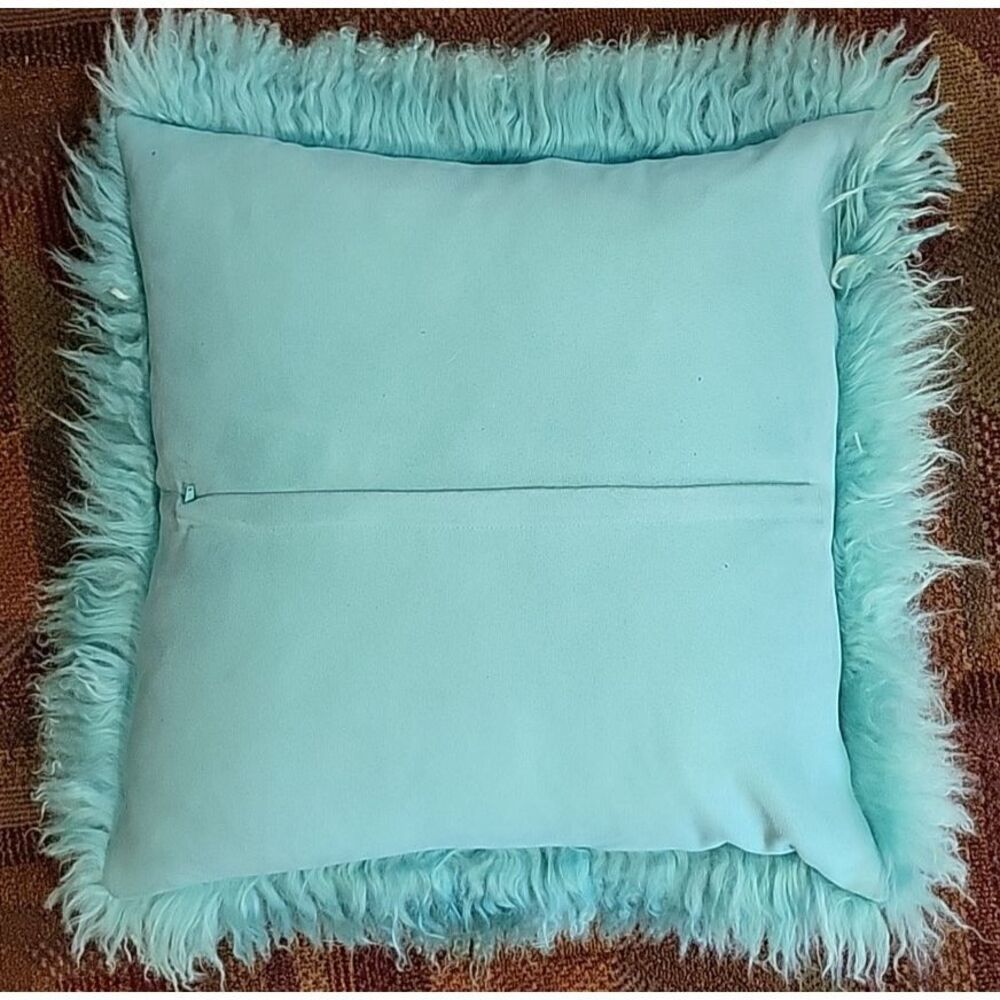 Z GALLERIE Mongolia Fur Pillow in aqua green 22" x 22" sheep fluffy - Picture 2 of 4